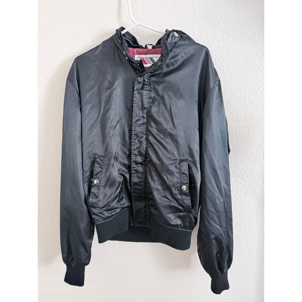 Vintage Chess King Black Nylon Hooded Bomber Jacket Red Lining Mens Large 880